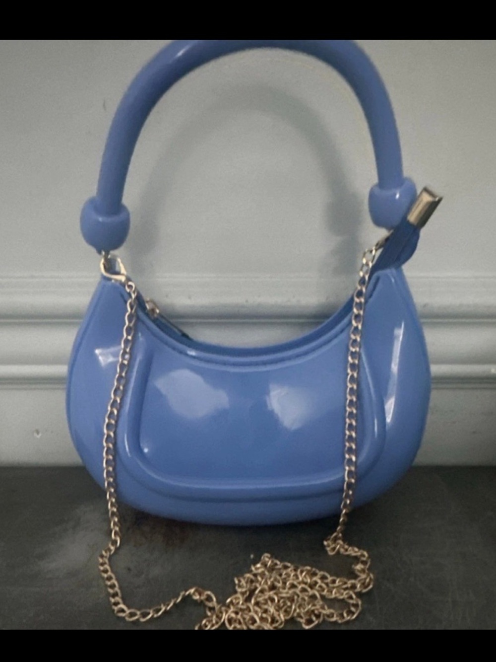 Blue Patent Shoulder Bag with Chain Strap